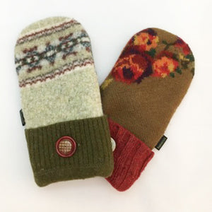 Mittens in Warm Brown, Greens & Deep Red Accents